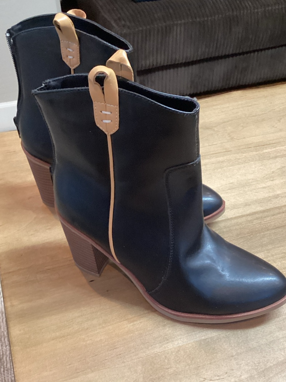 MIA Black Ankle Booties with Tan Pull Tabs